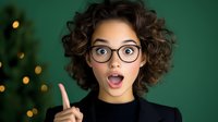 Young Hispanic woman with curly hair and glasses showing surprised expression with raised finger against green background with bokeh lights. Holiday concept.