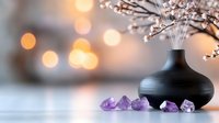 Elegant black ceramic vase with delicate cherry blossom branches and purple amethyst crystals creating serene spa atmosphere with warm bokeh lights.