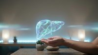 Holographic liver organ floating above open palm in futuristic medical technology concept for healthcare innovation and digital medicine applications.