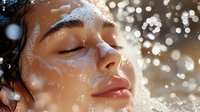 Young woman with closed eyes and wet face enjoying refreshing water drops against blurred bokeh background, expressing wellness and skincare concept.