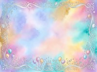Pastel rainbow watercolor background with ornate decorative border featuring birthday cake and balloons for party invitations and celebration designs.