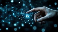 Hand touching glowing network with padlock symbol against dark background, representing cybersecurity and digital protection in modern technology.