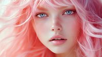 Young woman with flowing pink hair and striking blue eyes gazing at camera with soft natural makeup and dreamy ethereal expression against pink background.