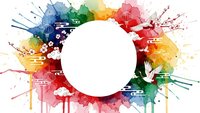 Vibrant watercolor paint splashes and drips forming colorful frame around white circle on transparent background for creative design projects.