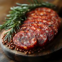 Sliced spicy chorizo sausage with fresh rosemary and peppercorns on rustic wooden cutting board, macro food photography for restaurant menu and culinary design.