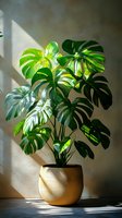 Monstera deliciosa plant with large green split leaves in modern beige pot catching dramatic sunlight and casting shadows on light wall. Perfect for interior design.