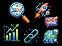 Magnifying glass with SEO text and stars, rocket ship with arrows and charts, speech bubble with SEO and stars, bar graph with upward arrow and percentage signs, linked chain with arrows, globe with magnifying glass and analytics icons isolated on transparent background for web design, digital marketing clipart, t-shirt designs, and print-on-demand products.