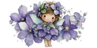 Adorable fairy child with brown hair surrounded by purple watercolor flowers on transparent background, isolated clipart for nursery decor and crafts.
