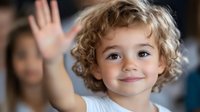 Smiling Caucasian toddler with curly hair waving hand, with blurred female figure in background. Concept of childhood joy, greeting, and family connection.