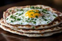 Homemade flatbread topped with sunny side up egg and fresh chopped herbs on rustic wooden surface, close up view with selective focus on bright yolk.