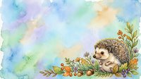 Cute hedgehog surrounded by autumn flowers and berries on soft watercolor background, suitable for children's illustrations, nursery decor, greeting cards, and fabric design.