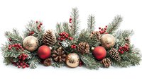 Festive winter arrangement with pine branches, gold and red ornaments, natural pinecones and red berries on white background, isolated for holiday designs.