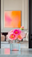 Pink roses in clear glass vase against blurred modern interior with vibrant orange wall art. Soft natural lighting creates delicate reflections on glossy surface.