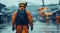 Search and rescue team member in orange protective gear with backpack walking towards helicopter in rainy weather, dramatic emergency response scene.