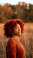 Young African American woman with curly red hair in autumn sweater enjoying golden hour sunlight outdoors during fall season.