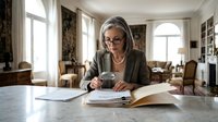 Mature businesswoman with glasses reviewing documents at home office desk, professional female executive working on paperwork in elegant living room.