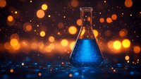 Laboratory glass flask with bright blue liquid on dark background with golden bokeh lights and water drops, dramatic scientific concept.