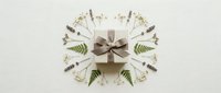 Elegant beige gift box with satin ribbon surrounded by delicate wildflowers and fern leaves on a light linen background, flat lay style.