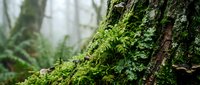 Lush green moss and ferns growing on ancient tree bark in misty forest creating natural woodland texture for environmental and nature themes.