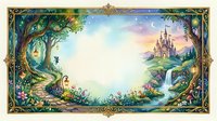 Enchanted fairy tale landscape with magical castle, waterfall, and ornate golden frame border for fantasy storytelling and children's book illustration.