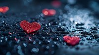 Red glittery hearts on dark wet surface with bokeh lights and water drops creating romantic atmosphere, macro photography for Valentine's Day or love concept.