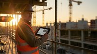 Construction worker using tablet at sunset on building site with cranes and city skyline. Professional contractor reviewing digital plans during golden hour.
