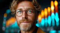 Young caucasian man with blue eyes, glasses and blonde beard smiling at camera against blurred neon lights background, modern urban nightlife portrait.