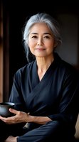 Elegant mature Asian woman with silver hair wearing traditional black kimono holds ceramic tea cup against dark background, radiating grace and serenity in natural lighting.