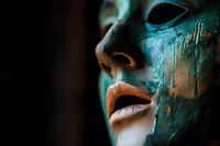 Close up portrait of woman with turquoise metallic paint on face showing dramatic artistic makeup with dripping effect against dark background.
