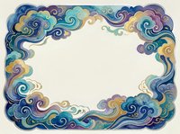 Decorative swirling cloud border frame in vibrant blues, purples and gold tones on cream background, perfect for invitations and artistic designs.