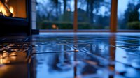 Raindrops on wooden deck surface at dusk create reflective patterns while warm interior lights glow through window panes, capturing serene atmospheric moment.