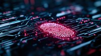 Glowing red fingerprint on dark circuit board background with digital elements, representing biometric security and identity verification technology.