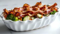 Bacon-wrapped broccoli and Brussels sprouts in white ceramic baking dish. Healthy roasted vegetables with crispy meat strips for cooking blogs and recipe content.