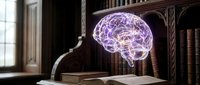 Glowing purple brain hologram floating above open book in vintage library setting with wooden shelves and classic interior design elements.