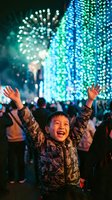 Excited Asian boy with raised arms celebrating at night festival with colorful fireworks and bokeh lights creating magical atmosphere for holiday events.
