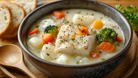 Creamy fish soup with cod, potatoes, carrots, and broccoli in ceramic bowl, served with bread on wooden board.