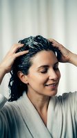 Young woman applying hair treatment mask with hands massaging wet dark hair in bathroom wearing white robe with peaceful expression for haircare routine.