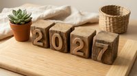 Wooden blocks displaying 2027 numbers on natural wood surface with succulent plant and wicker basket for New Year planning and goal setting concepts.