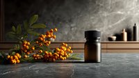 Dark amber glass bottle with sea buckthorn berries on stone surface against moody gray background, ideal for natural cosmetics or wellness products.