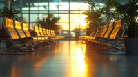Empty airport terminal with orange chairs and palm trees at sunset creating warm golden light reflections on polished floor for travel concepts.