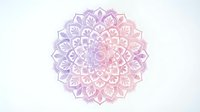 Pastel mandala with intricate geometric petals in soft pink and lavender tones, isolated on white background for design projects.