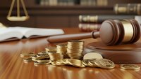 Wooden gavel with golden coins on desk representing legal fees, court costs, financial litigation, bankruptcy proceedings, and justice system expenses.