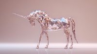 Crystal unicorn figurine with faceted body and elegant horn standing against soft pink background, symbolizing fantasy and luxury decor.
