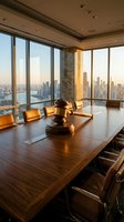 Wooden gavel on conference table in modern law firm boardroom with city skyline view through floor-to-ceiling windows for legal business meetings.