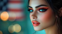 Close-up portrait of young woman with bright makeup, red lips, dramatic blue eyeshadow and winged eyeliner against blurred bokeh background in turquoise tones.