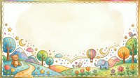 Whimsical storybook landscape with hot air balloon, crescent moon, stars, and colorful trees on isolated background. Perfect for children's book design.