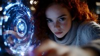 Young woman with red curly hair looking at glowing futuristic holographic interface circle with digital elements in dark environment. Science fiction concept.