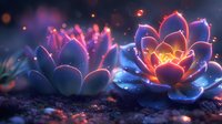 Magical glowing lotus flowers in dark garden with luminescent petals in blue and orange colors, sparkles and light particles creating mystical atmosphere.