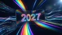 Neon 2027 text glowing on digital screen with vibrant rainbow light streaks and abstract data waves flowing through dark space, suitable for new year celebrations and futuristic technology concepts.