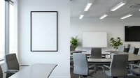 Modern conference room interior with blank poster frame on white wall, gray chairs around meeting table, plants and natural light for corporate presentations.